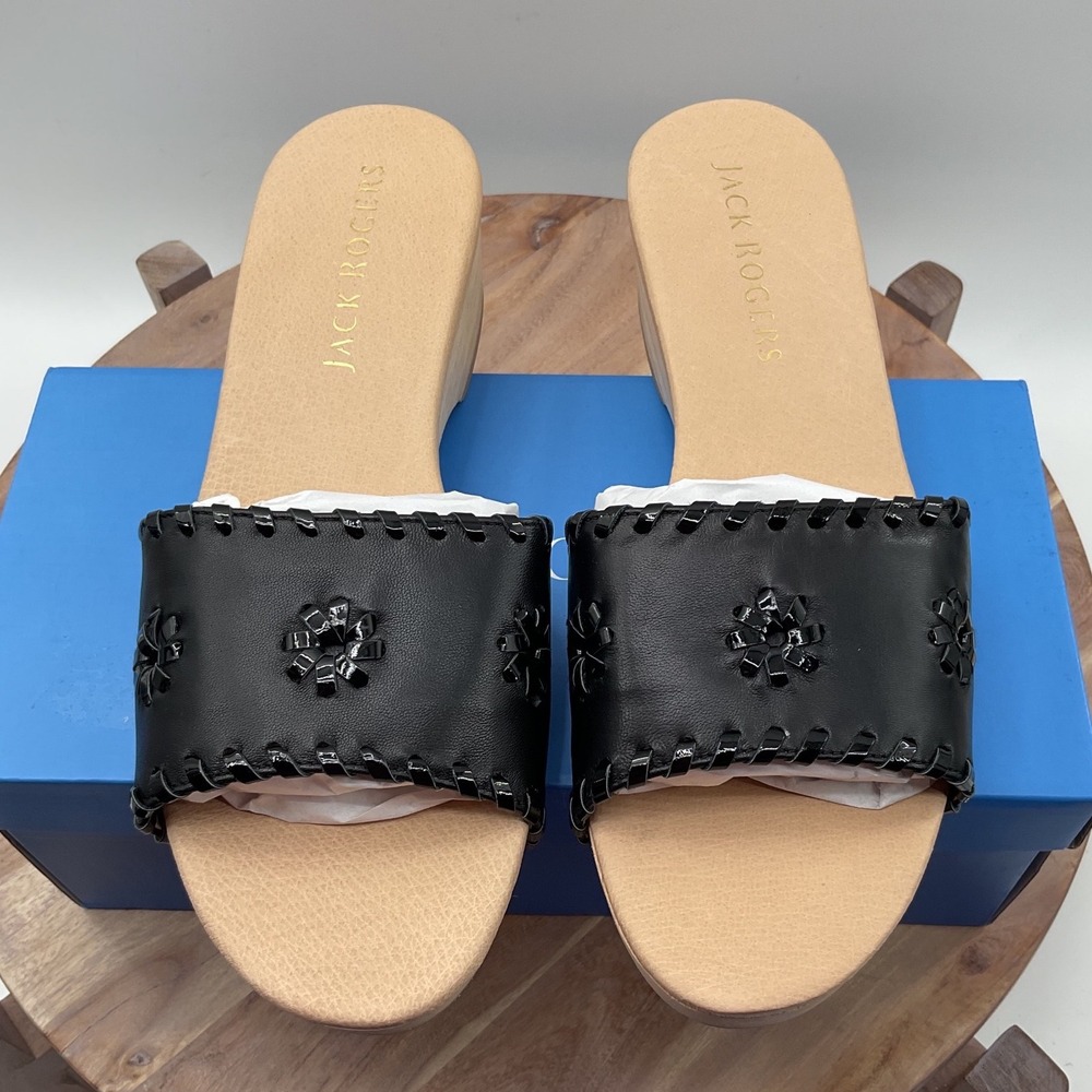 Jack Rogers Breakers Clog Sandal Black Leather Wood Wedge Slide Womens 9